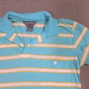 Vintage 70s David-Harrison Shirt Mens S Blue Yellow Stripes Polo Short Sleeve